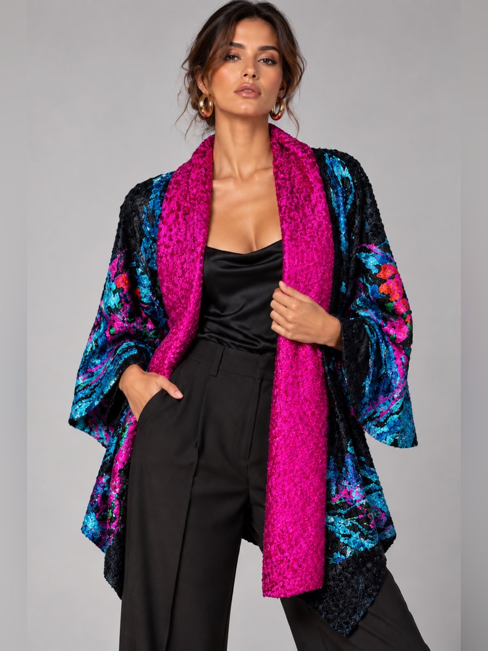 Crinkle Art Wear Jacket L Black Pink Blue Floral Oversized Collar